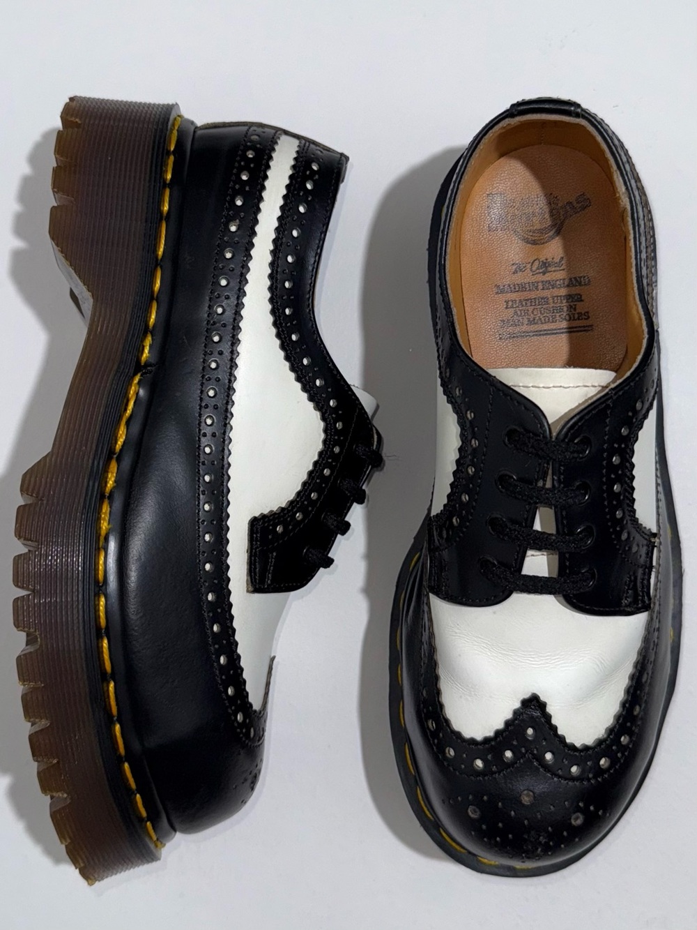 Vintage Dr. Martens Black White Steel Toe Wingtip Two Tone Brogues Oxfords UK 4
